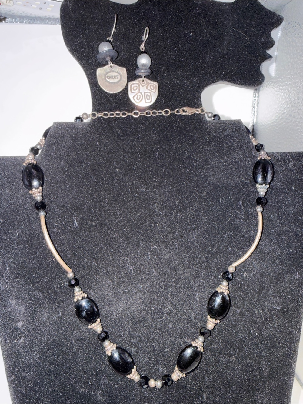 Black Bead & Silver Tone Accent Necklace with Chicos earrings